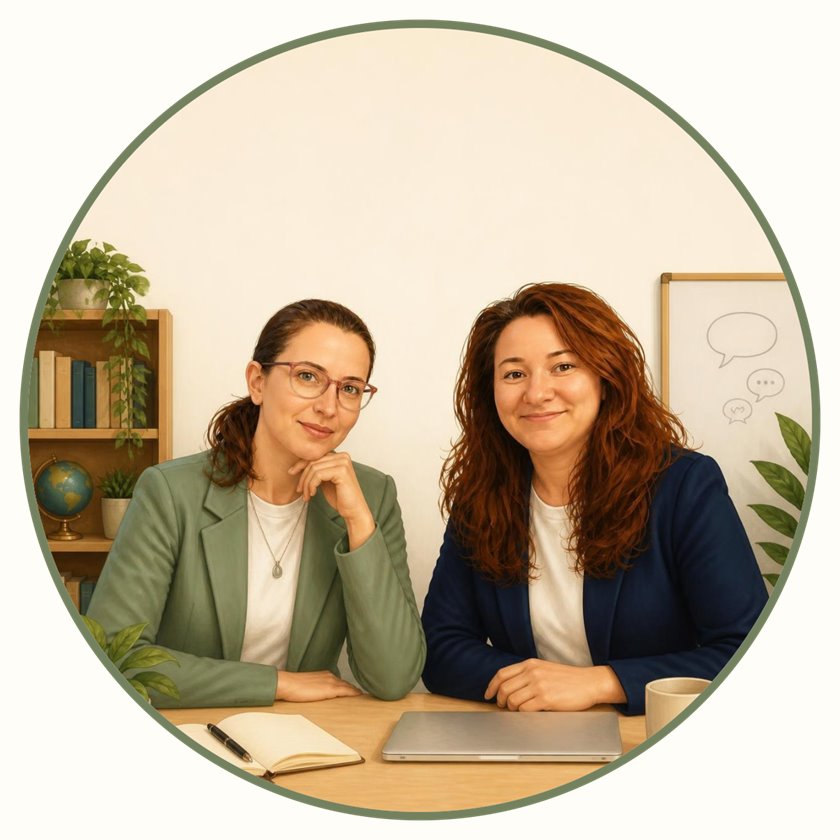 Ilustrație cu cele două profesoare Lexiris la o masă: Irina (stânga, română) și Alexandra (dreapta, engleză).